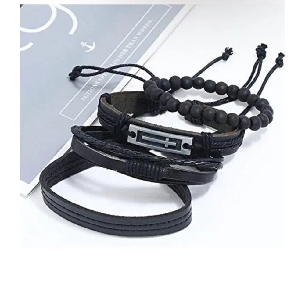Black Leather Bracelet Woven Braided Bracelets Hemp Cords Wood Beads Set of 4